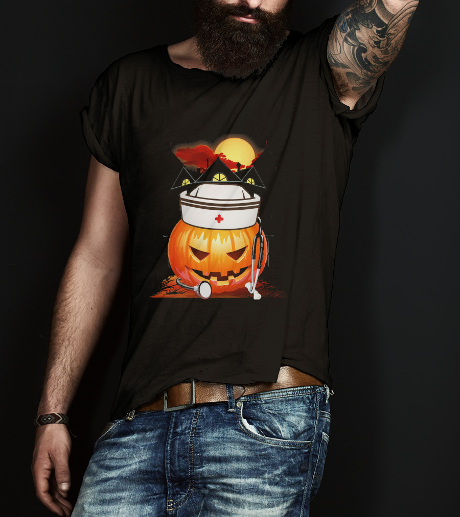 Nurse Pumpkin Halloween With Stethoscope And Haunted House T-Shirt