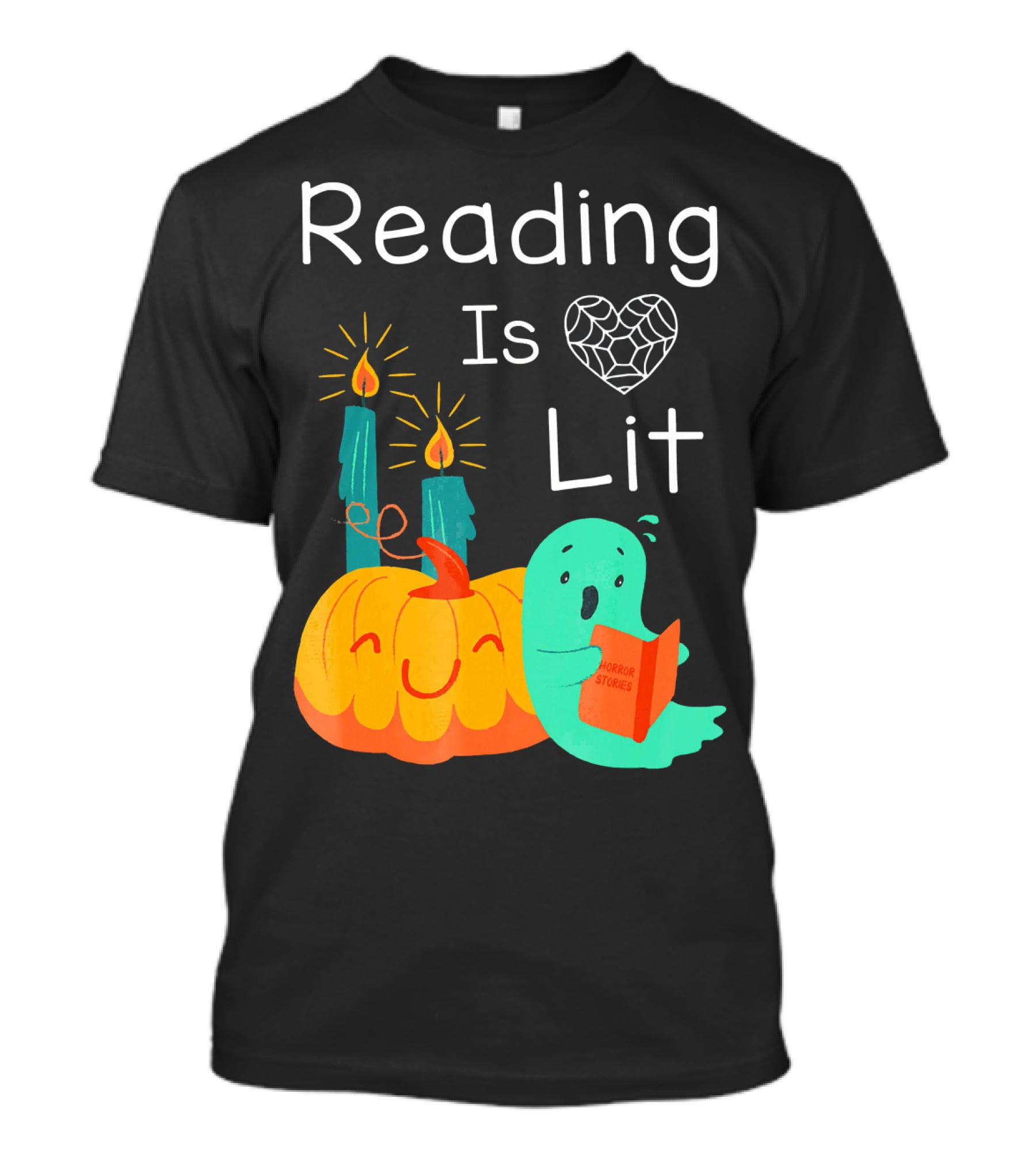 Reading Is Lit Teacher Librarian Halloween Costume Pumpkin Ghost Candles T-Shirt