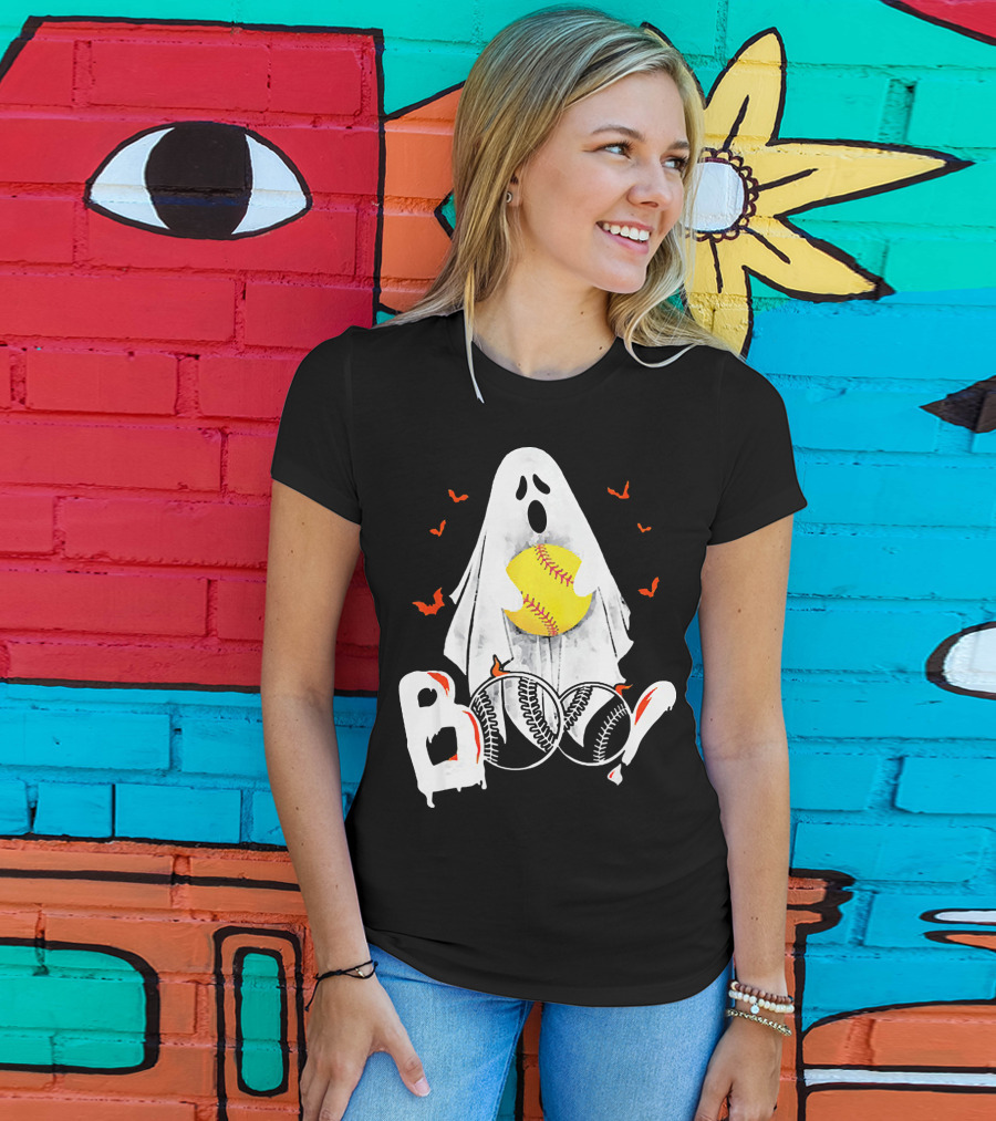 Ghostly Boo Softball With Yellow Softball And Bats T-Shirt