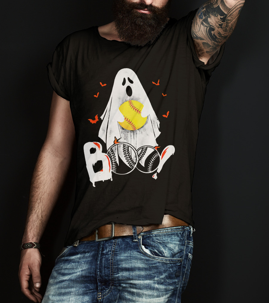 Ghostly Boo Softball With Yellow Softball And Bats T-Shirt