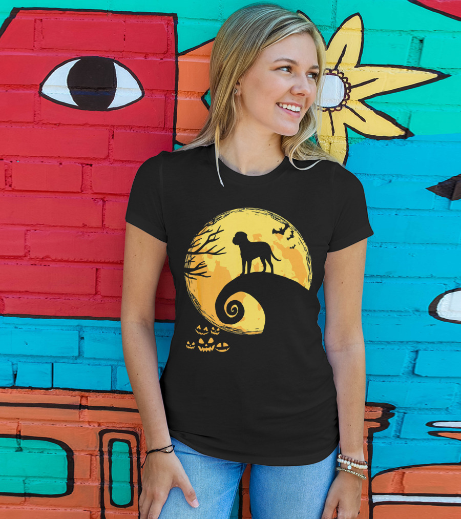 Bullmastiff Silhouette Moonlit Halloween Scene With Pumpkins And Bats T-Shirt