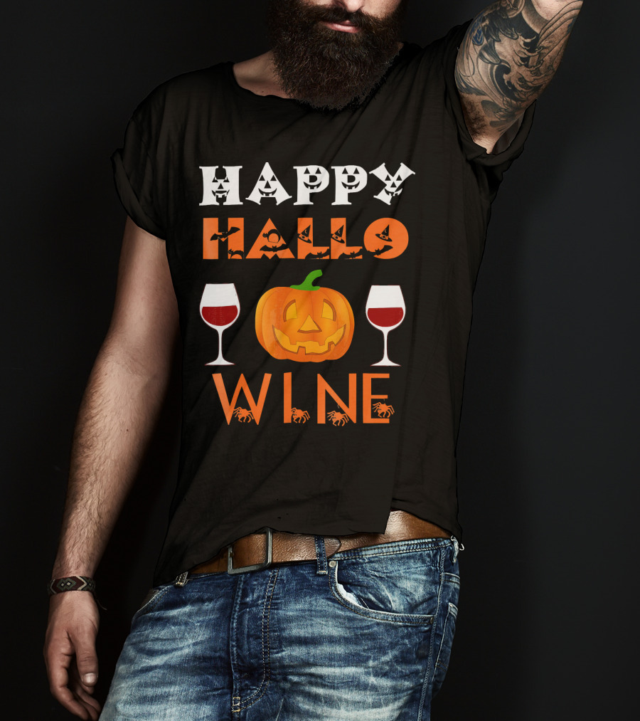 Happy Halloween Pumpkin Wine Glasses Spooky Bats And Spiders T-Shirt