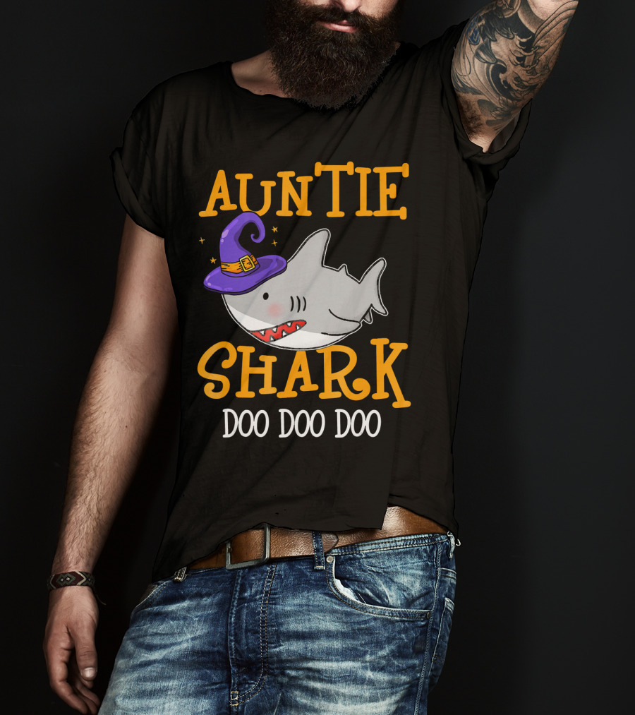 Auntie Shark Doo Doo Doo Funny Halloween With Witch Hat T-Shirt