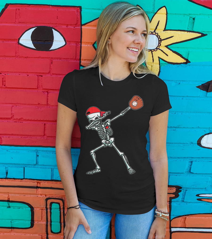 Dabbing Skeleton Baseball Dab Hi Red Cap Glove T-Shirt