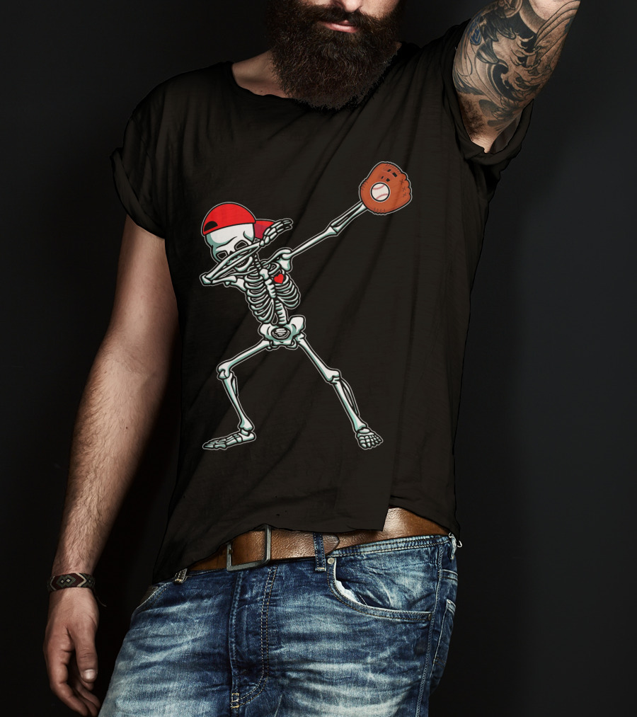 Dabbing Skeleton Baseball Dab Hi Red Cap Glove T-Shirt