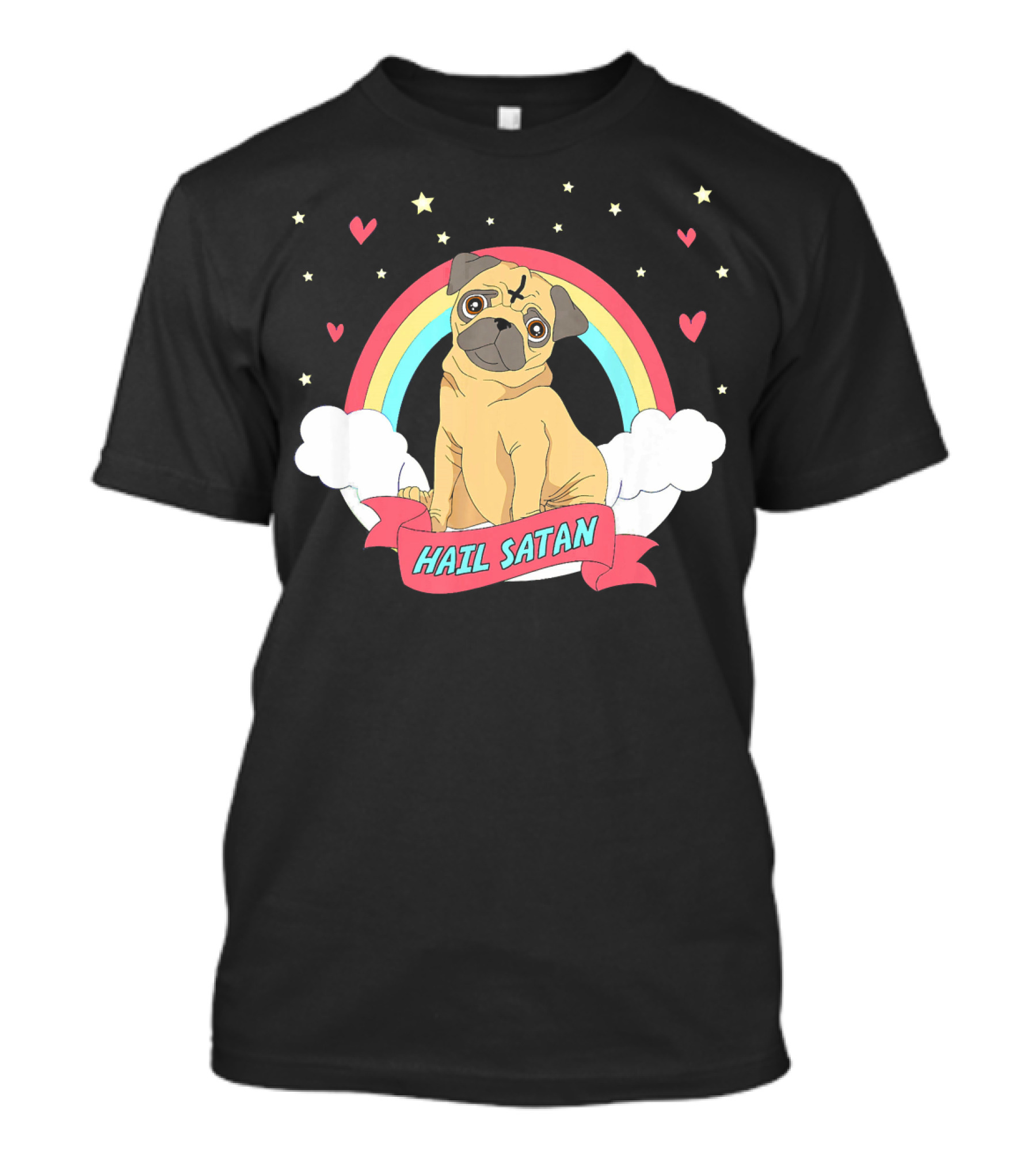 Hail Satan Pug Cute Halloween Rainbow Hearts Stars Clouds T-Shirt
