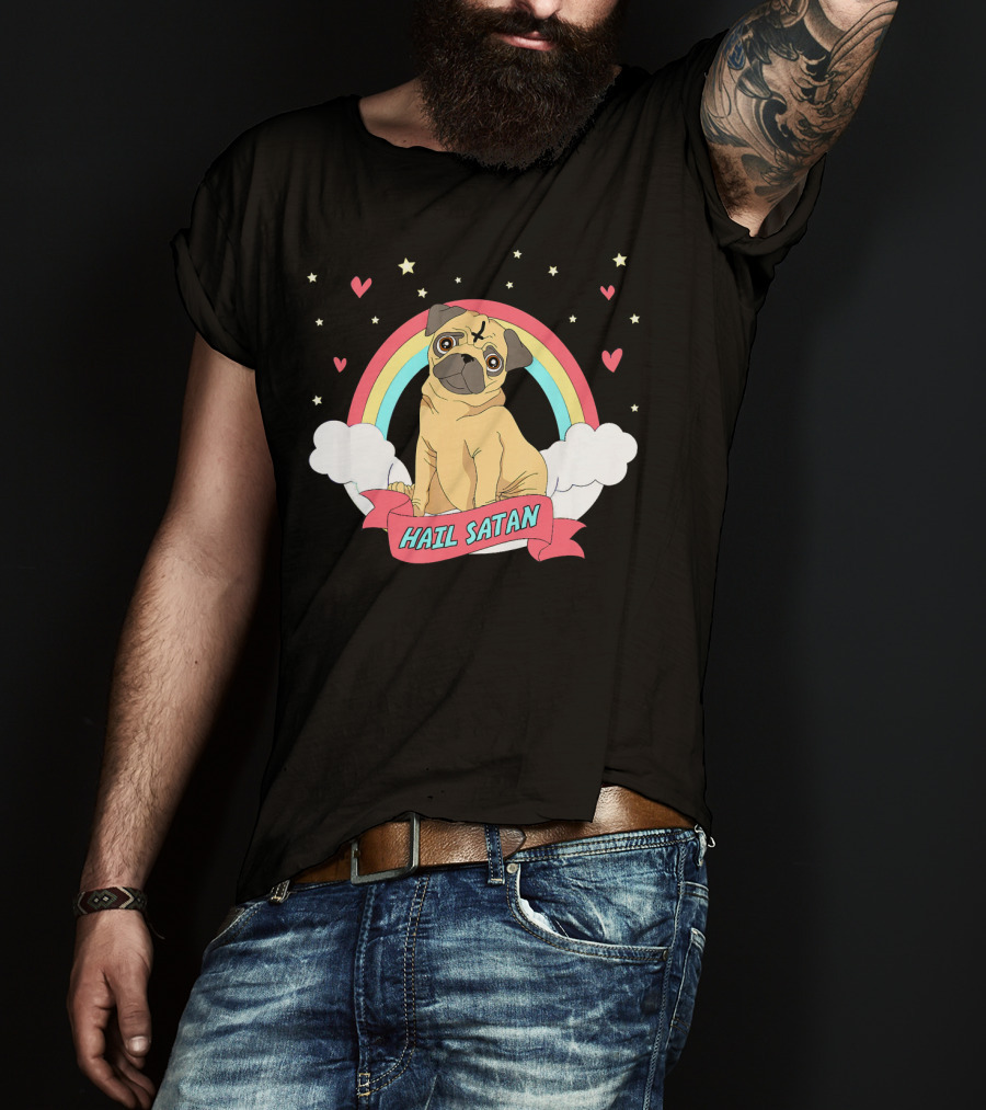 Hail Satan Pug Cute Halloween Rainbow Hearts Stars Clouds T-Shirt