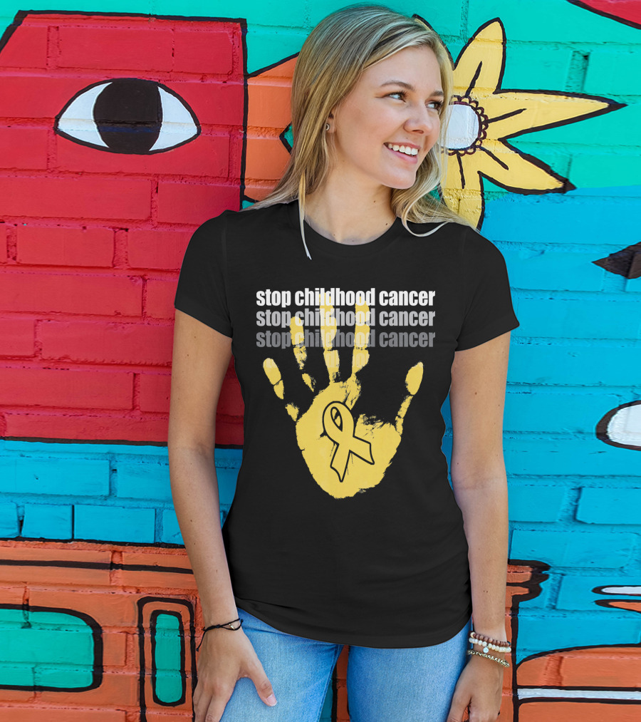 Stop Childhood Cancer Yellow Handprint Ribbon Awareness T-Shirt
