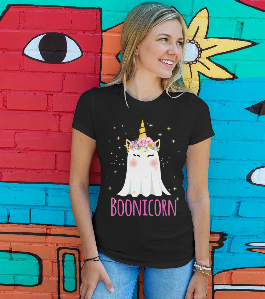 BooNicorn Unicorn Ghost With Flowers And Stars Halloween For Girl T-Shirt