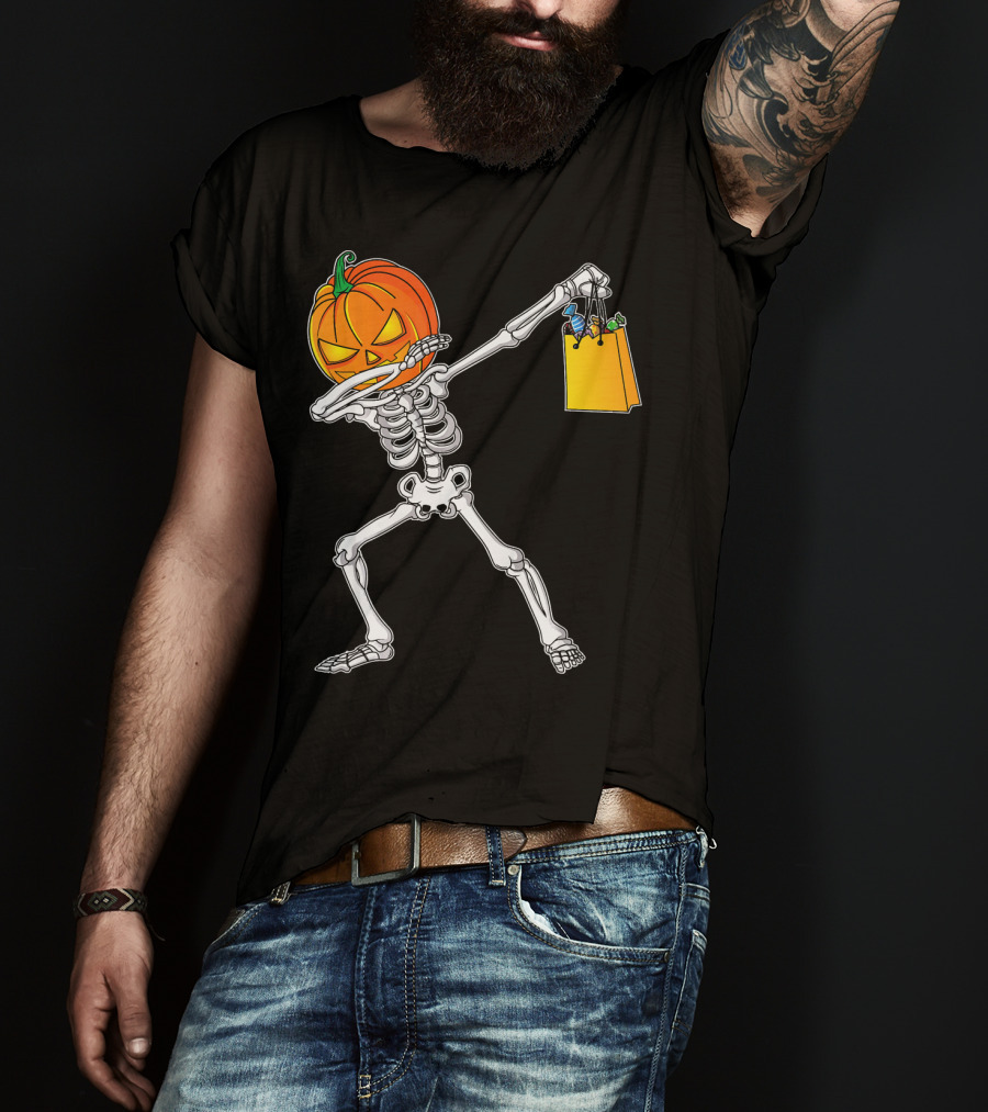 Halloween Kids Pumpkin Skeleton Dabbing With Candy Bag T-Shirt