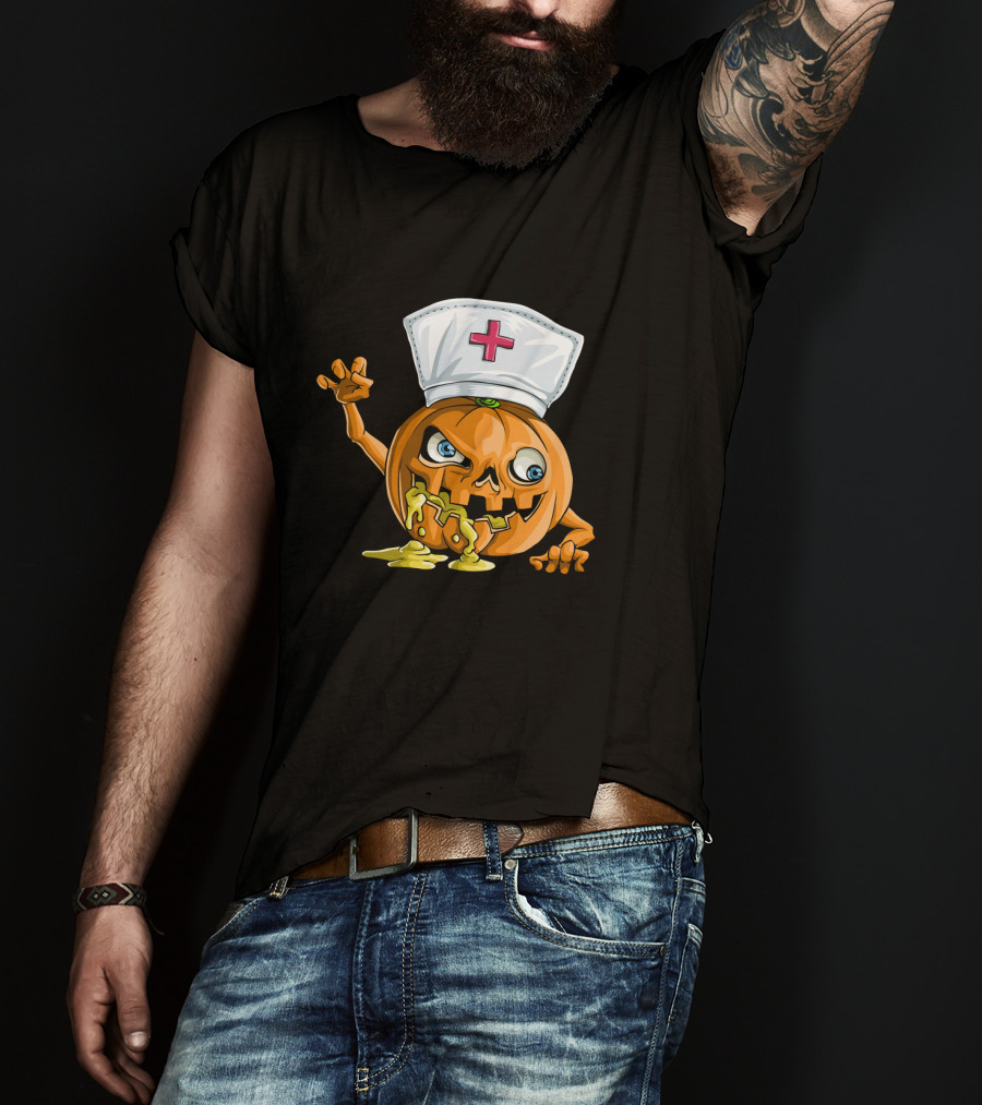 Zombie Pumpkin Nurse Funny Halloween Horror T-Shirt