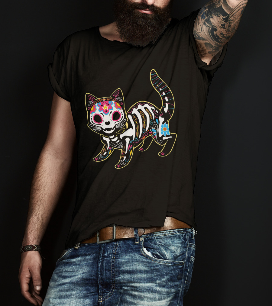 Day Of The Dead Black Cat Sugar Skull Halloween T-Shirt