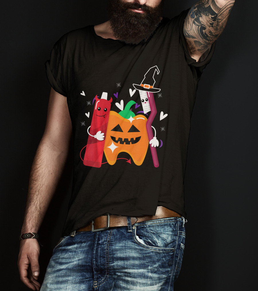 Happy Halloween Costume Toothbrush Tooth With Pumpkin And Toothpaste Characters T-Shirt