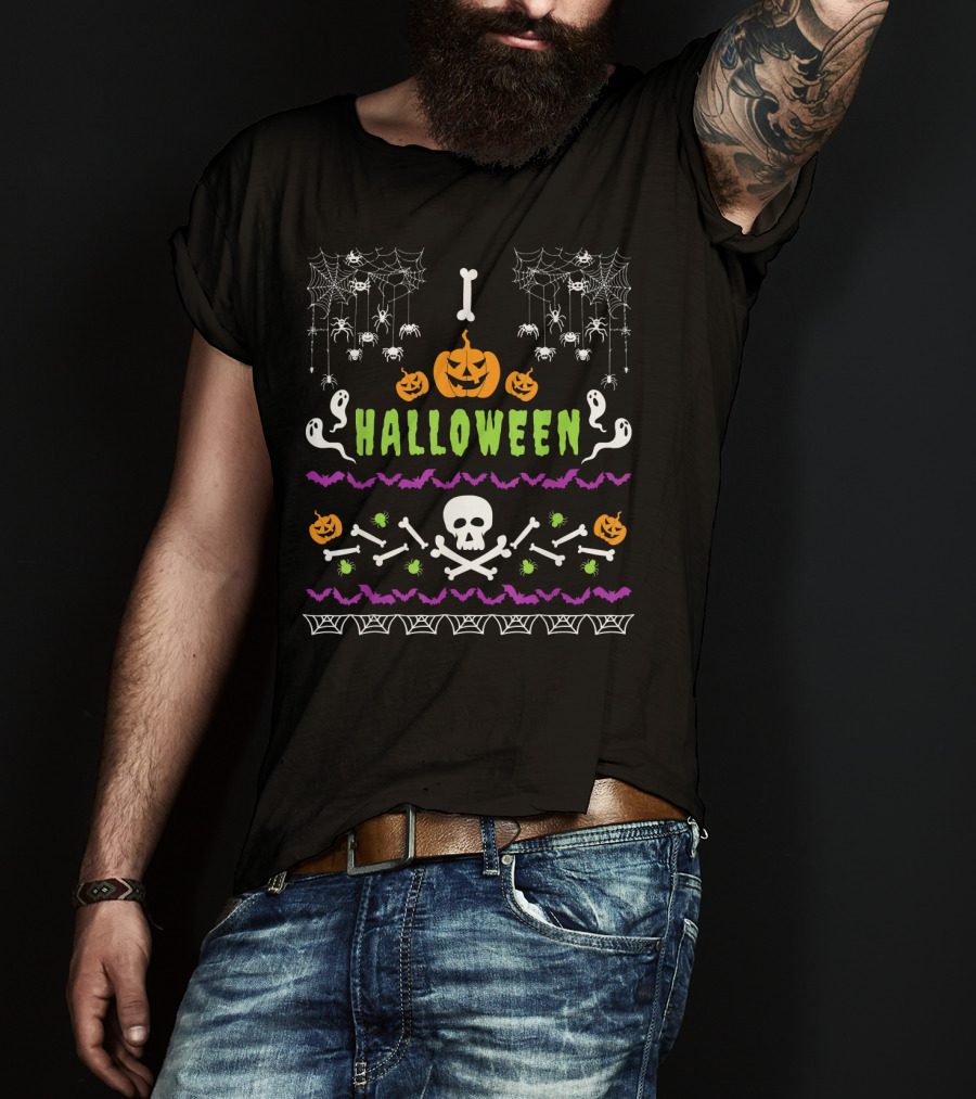 Halloween Lover Ugly Holiday Spooky Pumpkins Ghosts Skulls Bats Spiders Webs T-Shirt