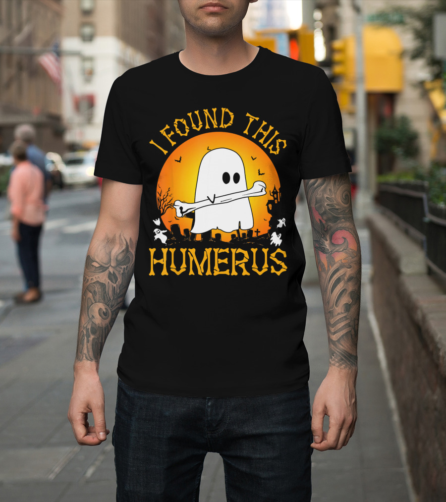 I Found This Humerus Halloween Ghost with Bone Spooky Graveyard Scene T-Shirt