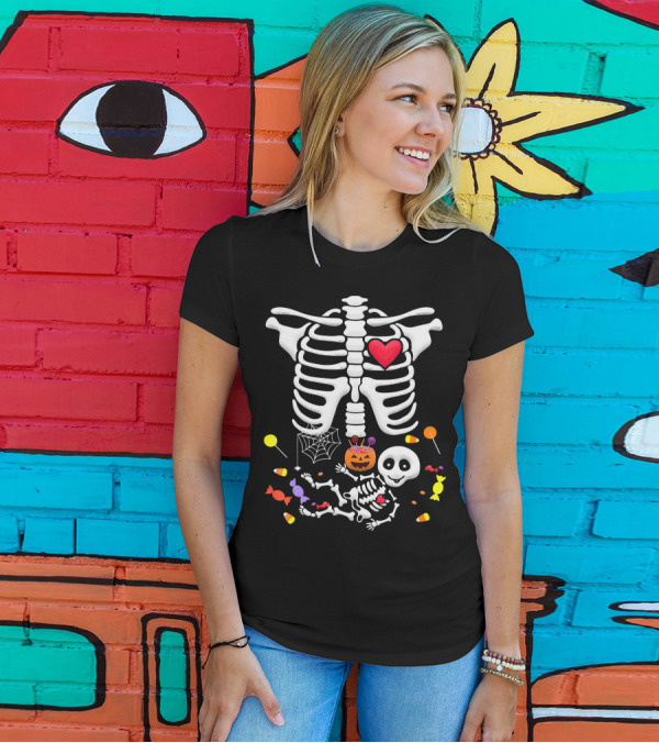 Pregnant Skeleton Heart Candy Pumpkin Halloween T-Shirt