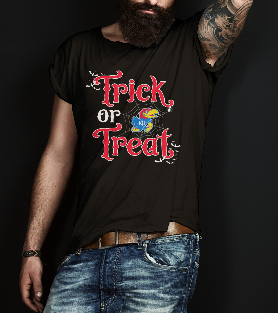 Kansas Jayhawks Trick Or Treat Halloween KU Logo Spiderweb Bats T-Shirt