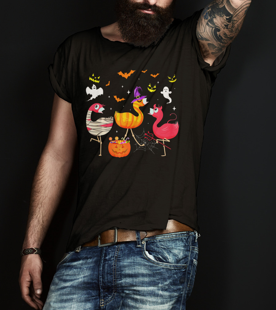 Flamingo Happy Halloween Ghosts And Pumpkins T-Shirt