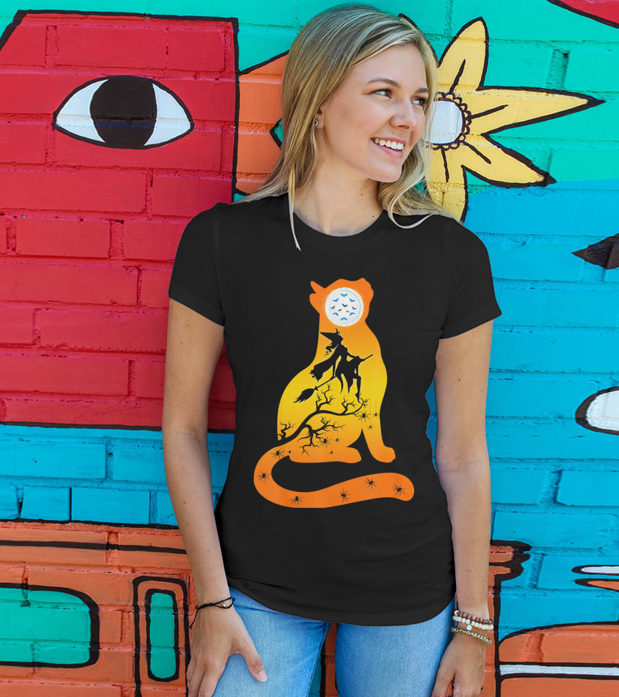Funny Cat Witch Flying Under Bat Moon With Spooky Webs T-Shirt