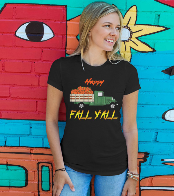 Happy Fall Yall Vintage Pumpkin Truck Classic Green Vehicle With Pumpkins T-Shirt