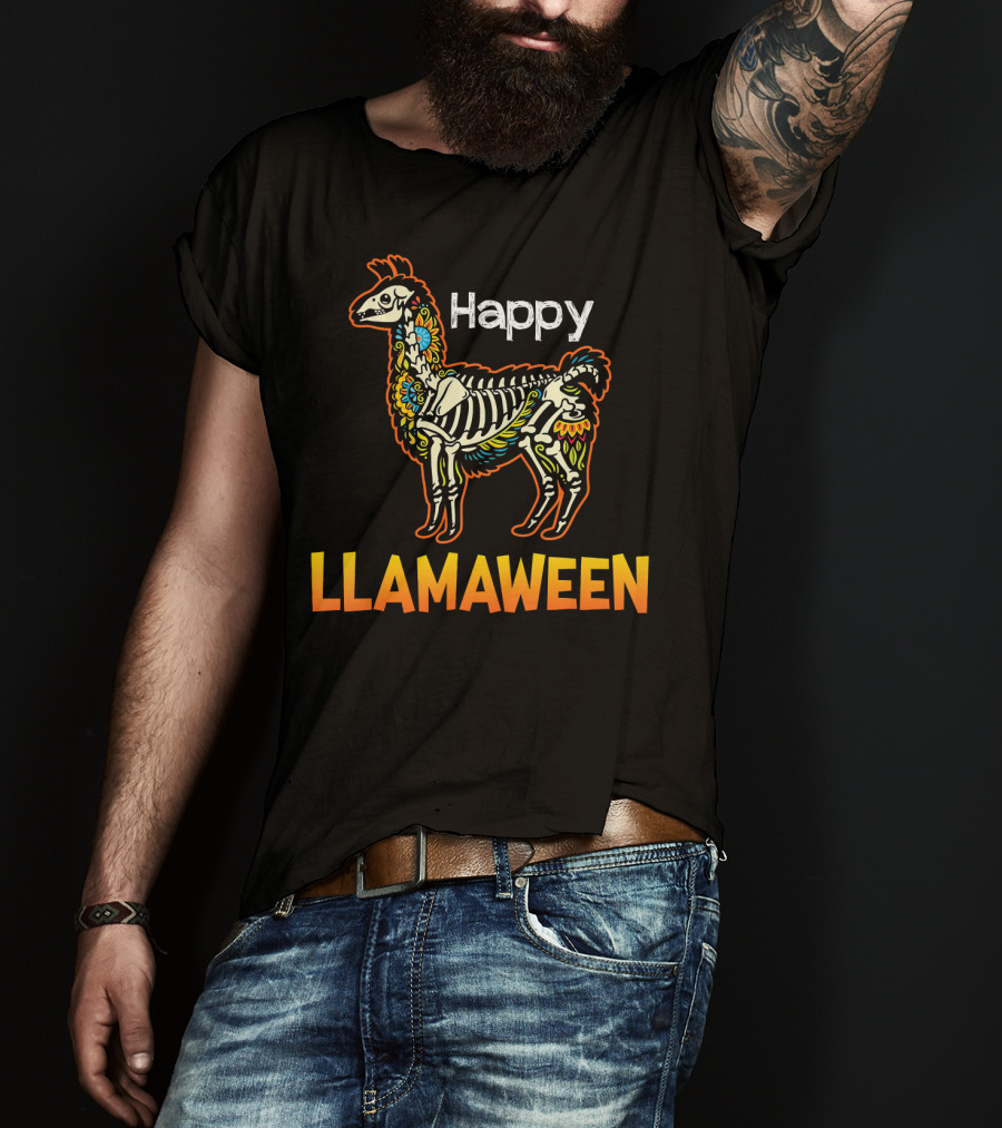 Happy Llamaween Funny Llama Skeleton Halloween T-Shirt