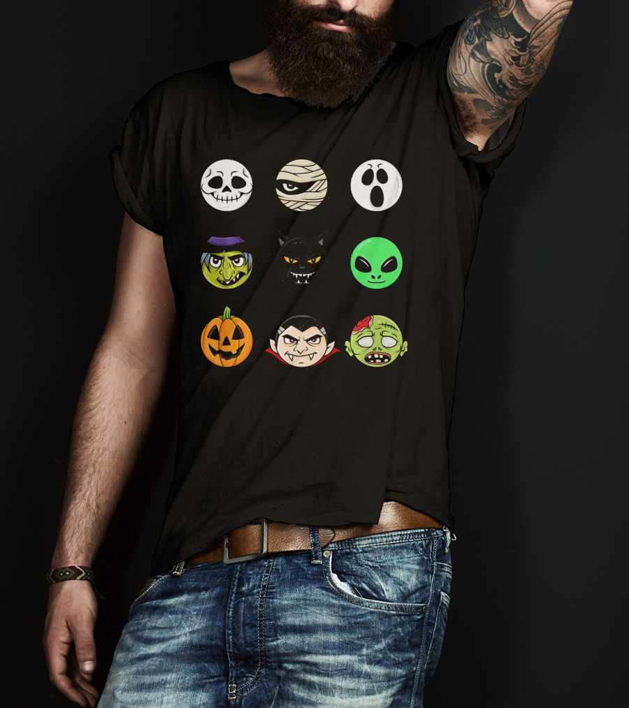 Scary Faces Halloween Emoji Emoji Icons Vampire Mummy Alien Ghost Pumpkin Monster Cat Witch T-Shirt
