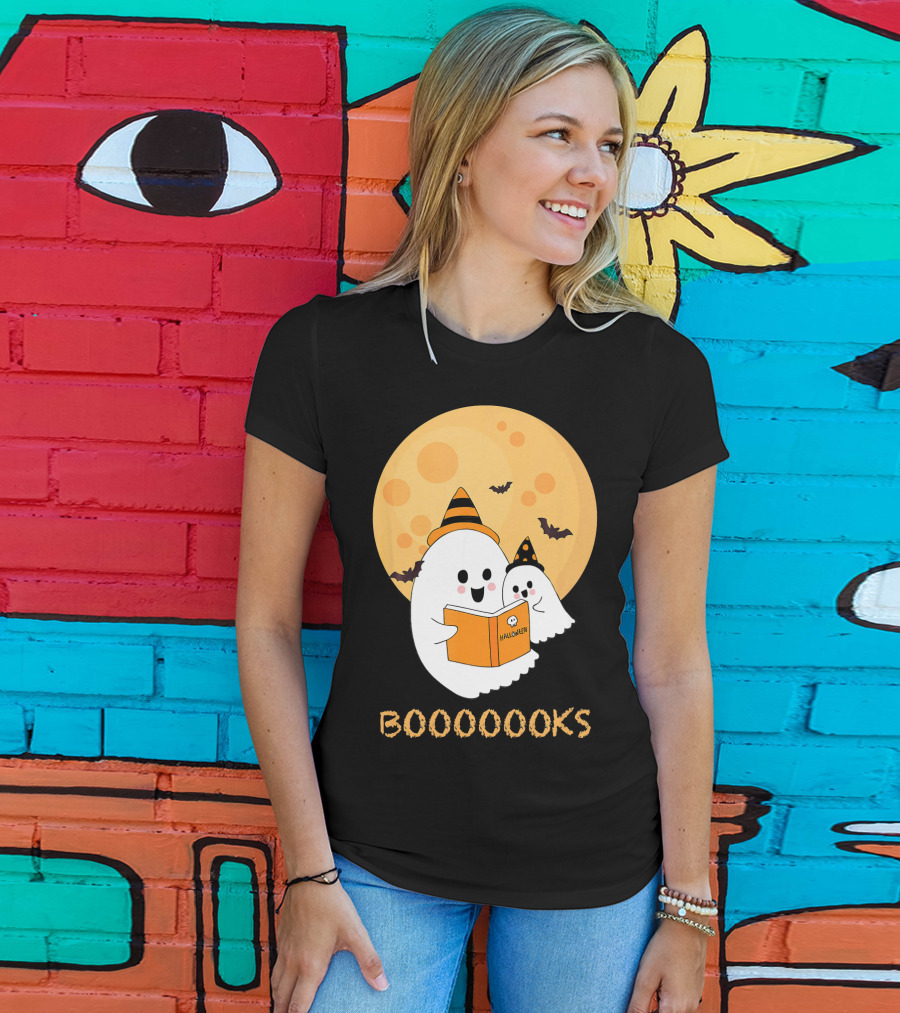Halloween Ghosts Reading Boooooks Under Full Moon T-Shirt