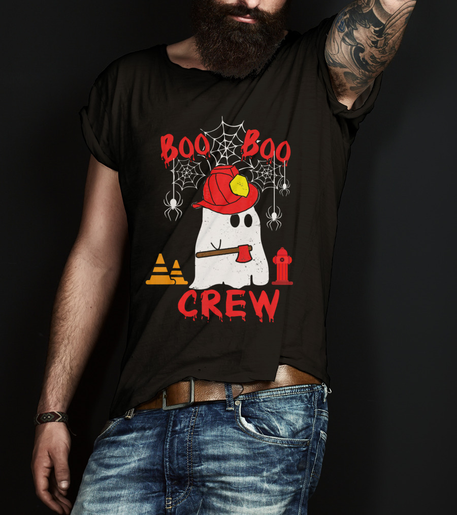 Boo Boo Crew Firefighter Halloween Ghost Spiderwebs And Axe T-Shirt