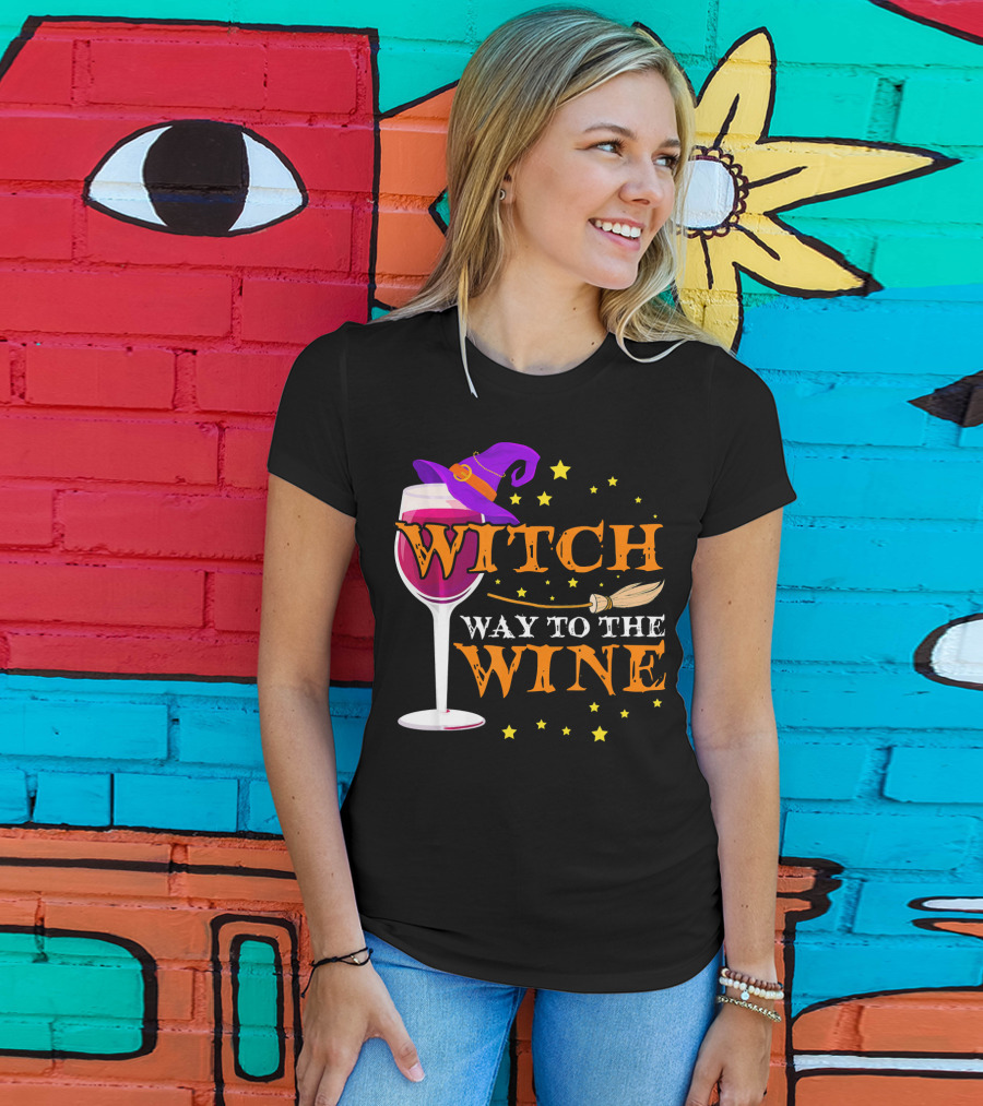 Witch Way To The Wine Halloween Wizard Hat Broomstick Stars T-Shirt