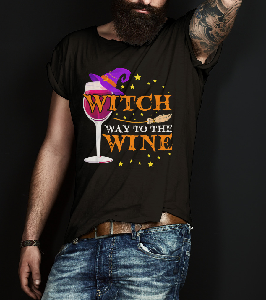 Witch Way To The Wine Halloween Wizard Hat Broomstick Stars T-Shirt