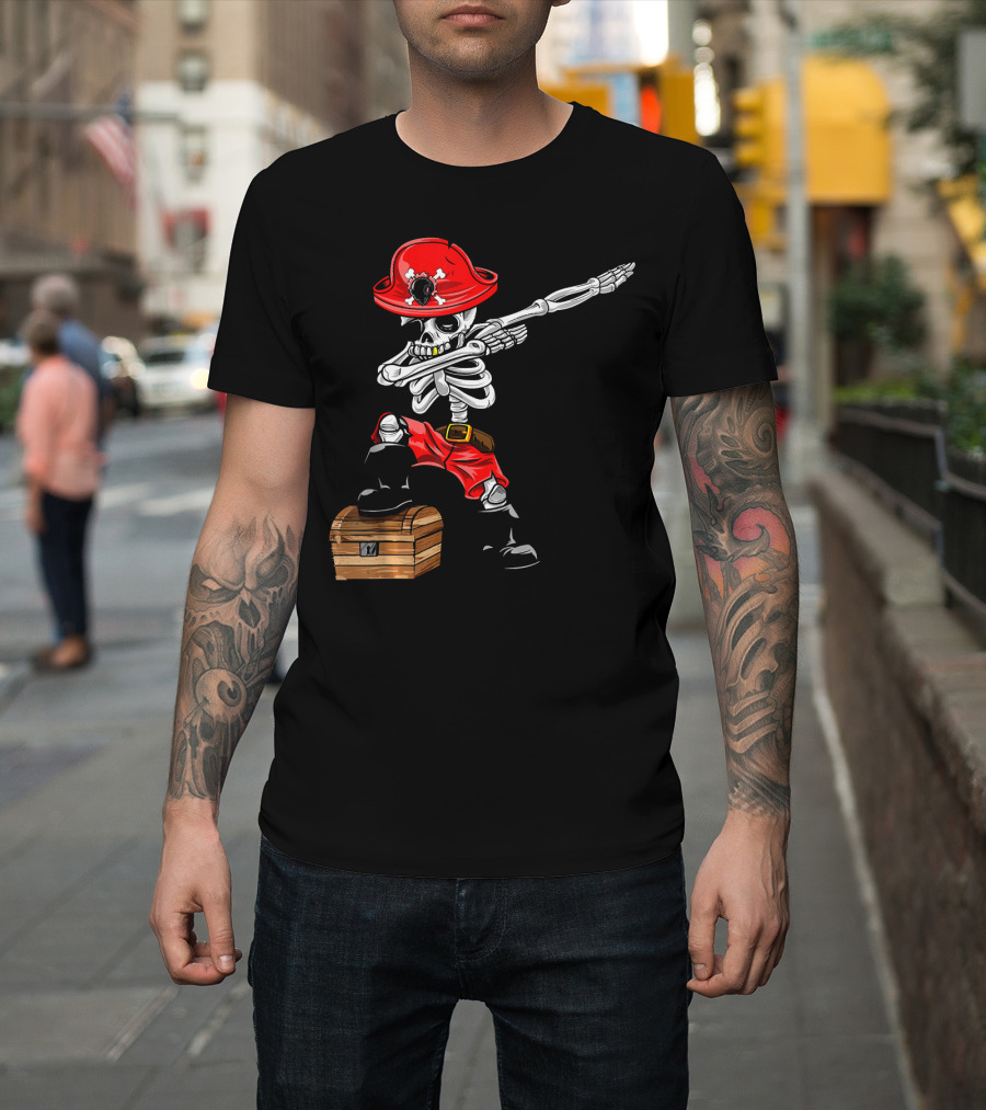 Dabbing Skeleton Pirate With Red Hat And Treasure Chest T-Shirt