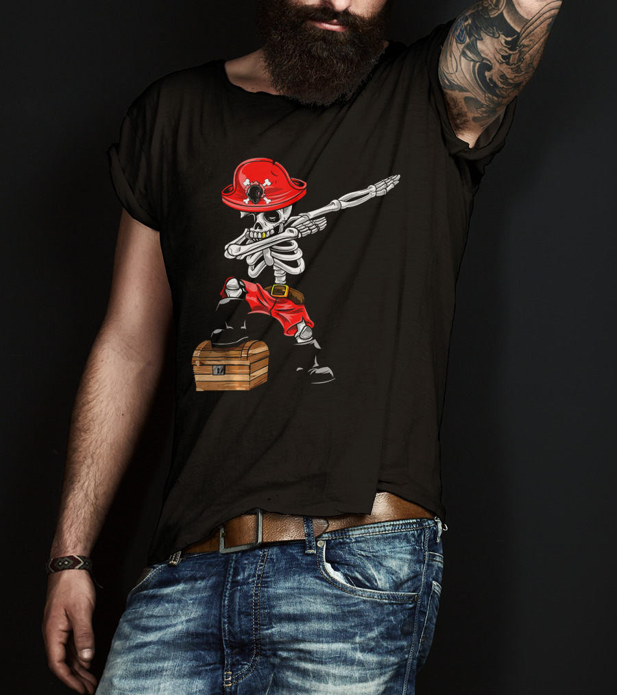 Dabbing Skeleton Pirate With Red Hat And Treasure Chest T-Shirt
