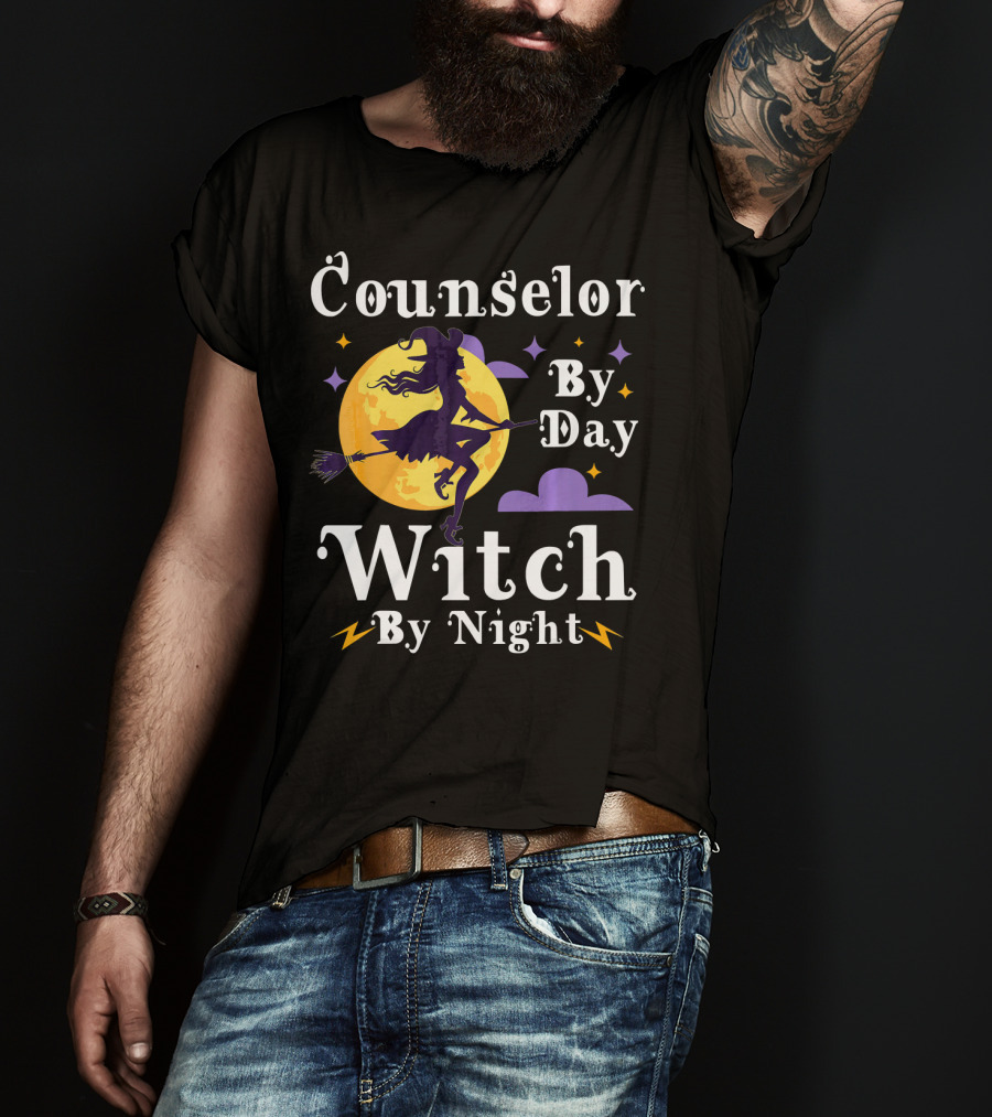 Counselor By Day Witch By Night Flying Broomstick And Full Moon T-Shirt