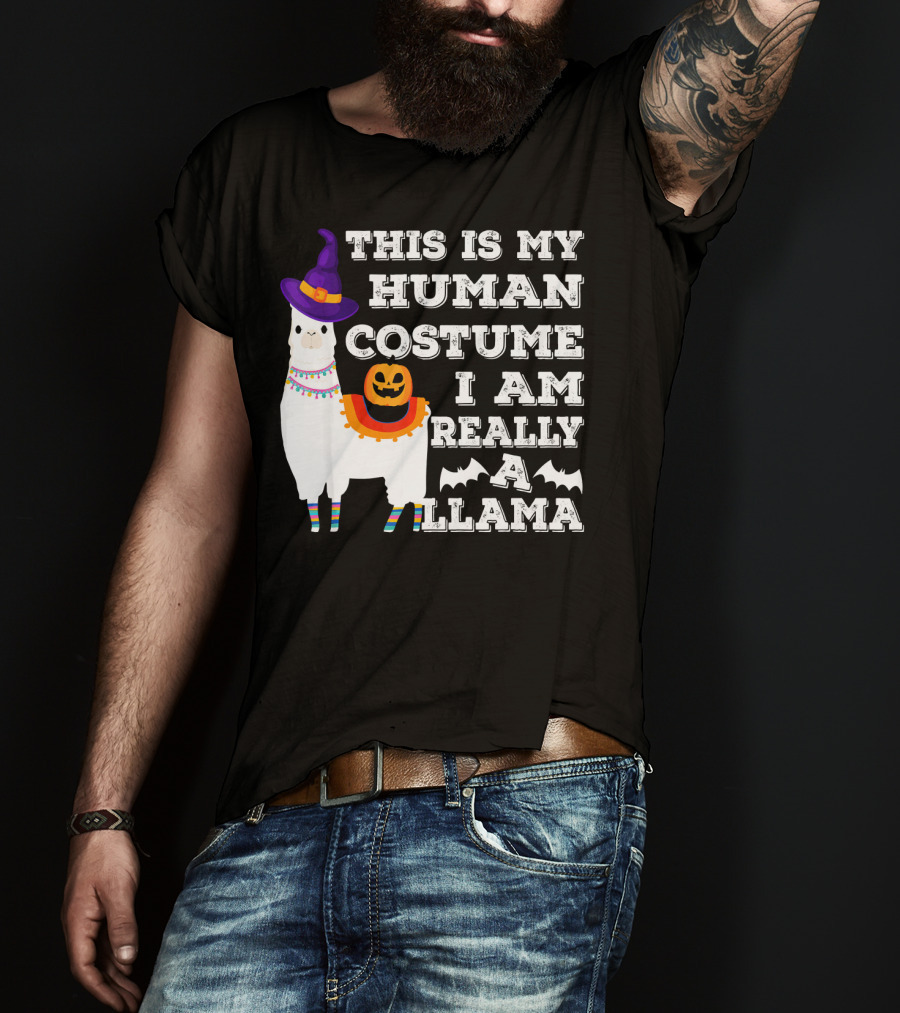 This Is My Human Costume I Am Really A Llama Halloween Witch Hat Pumpkin Bat T-Shirt