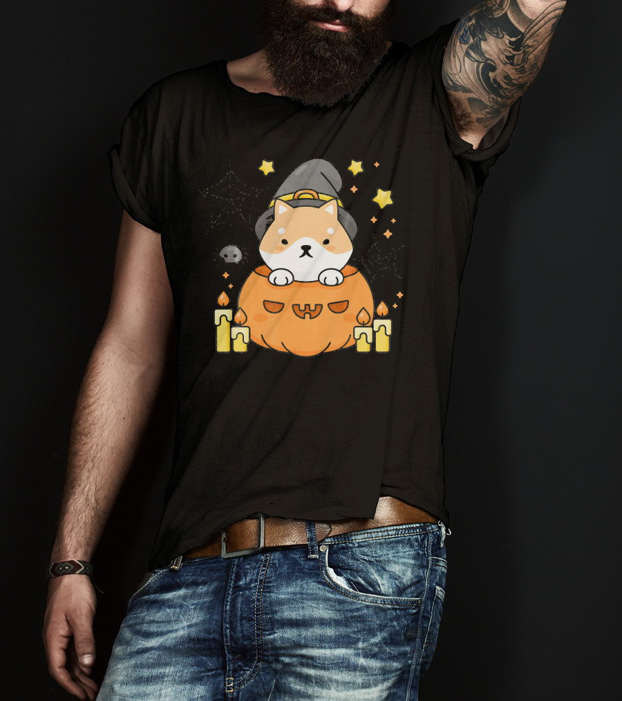 Kawaii Shiba Inu Dog In Witch Hat With Pumpkin And Candles Japanese T-Shirt