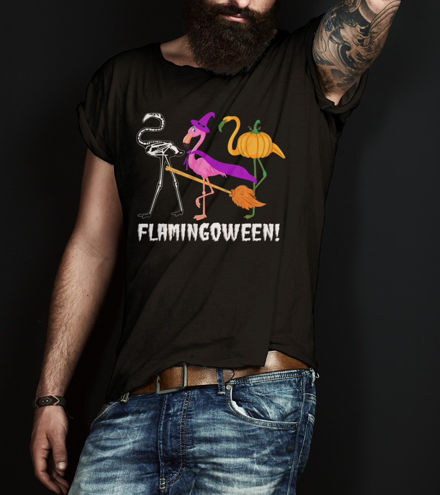 Flamingoween Skeleton Witch Pumpkin Flamingo Halloween T-Shirt
