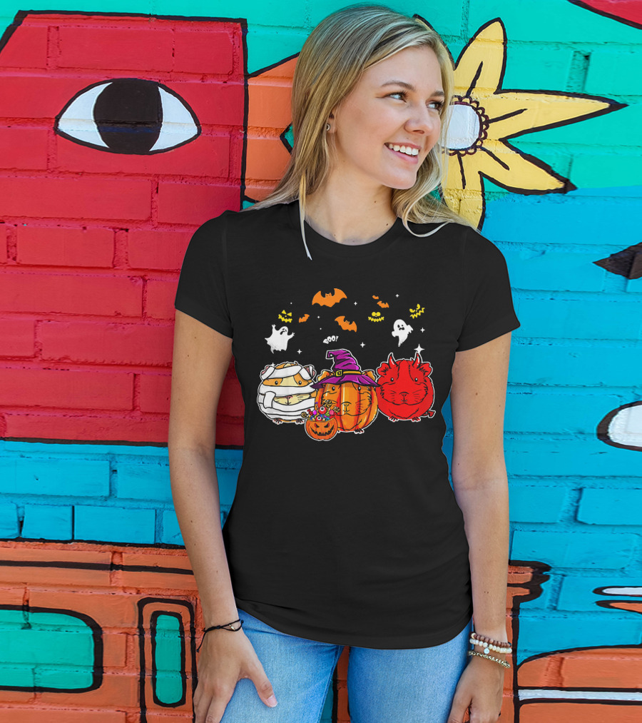 Guinea Pigs Happy Halloween Cute Mummy Witch Devil Pumpkin Ghosts Bats T-Shirt