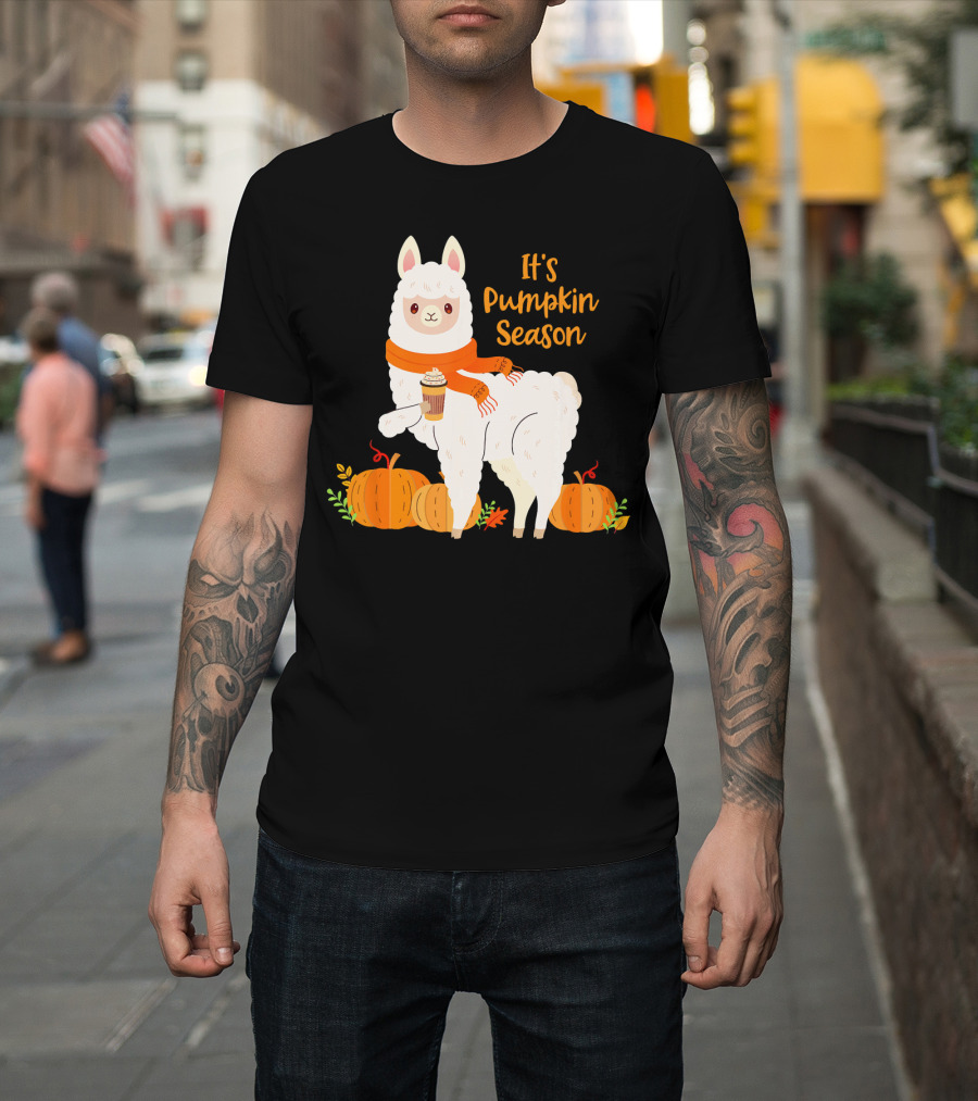 It's Pumpkin Season Llama With Autumn Leaves And Pumpkins T-Shirt