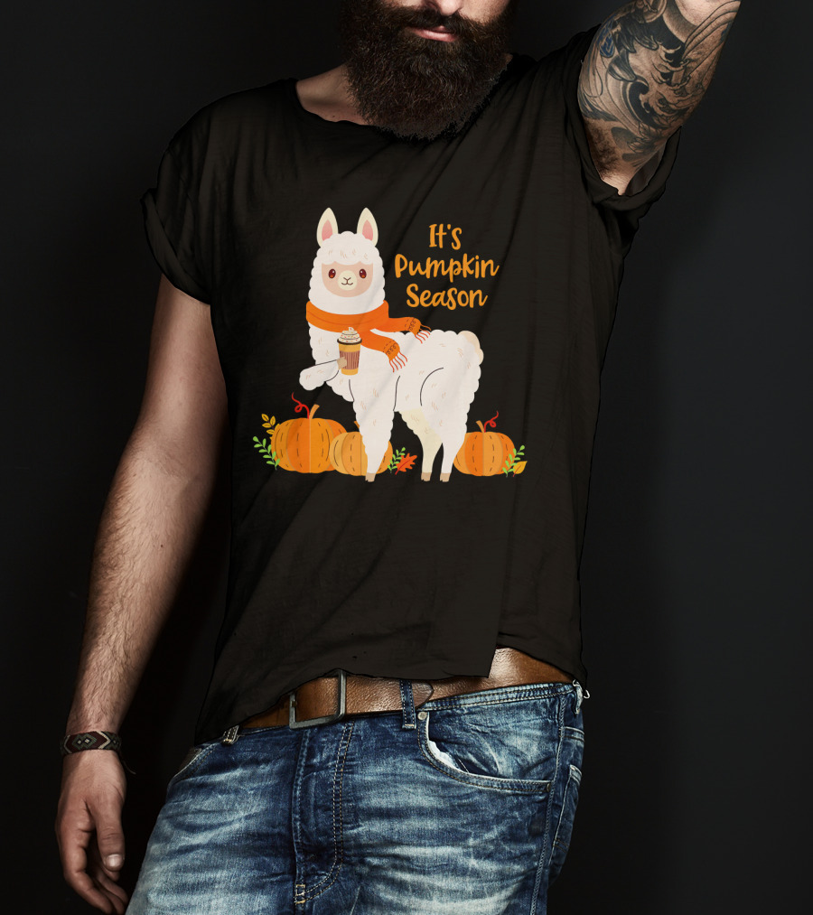 It's Pumpkin Season Llama With Autumn Leaves And Pumpkins T-Shirt