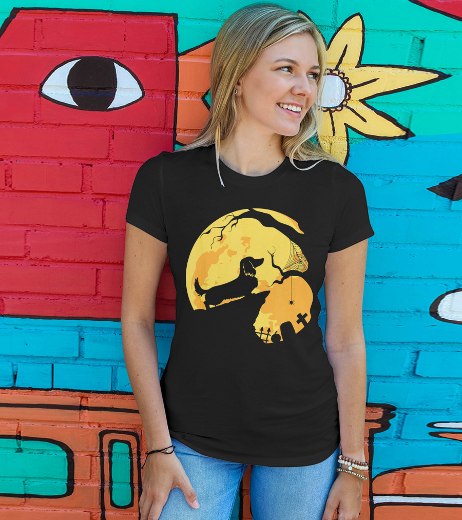 Dachshund Silhouette On Cliff With Full Moon And Halloween Graveyard Scene T-Shirt