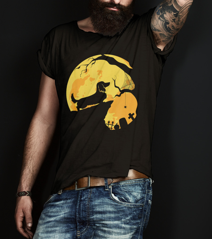 Dachshund Silhouette On Cliff With Full Moon And Halloween Graveyard Scene T-Shirt