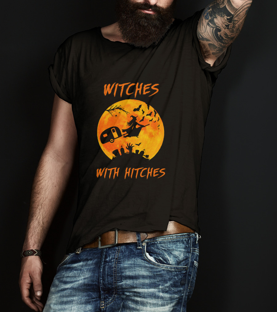 Witches With Hitches Halloween Moon Bats Graveyard Scene T-Shirt