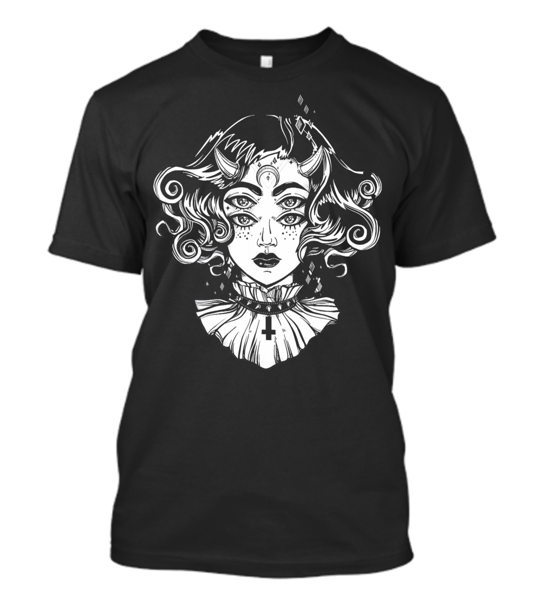 Horned Devil Girl Satanic Occult Triple-Eyed Cross T-Shirt