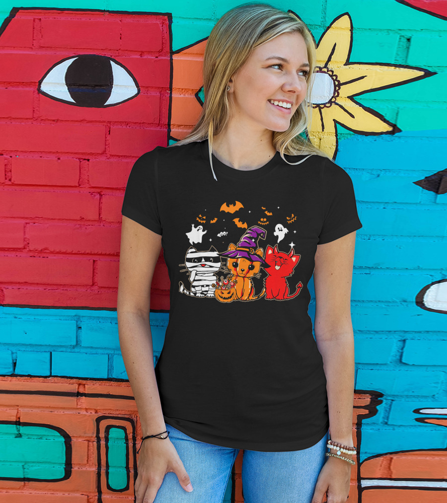 Funny Cat Trio In Halloween Costumes With Ghosts And Pumpkins T-Shirt
