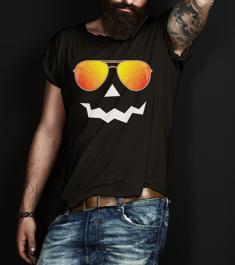Halloween Jack O Lantern With Sunglasses And Spider Web Reflection T-Shirt