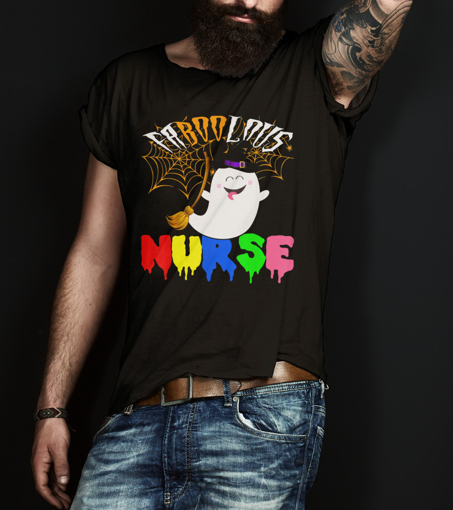 Faboolous Nurse Ghost With Witch Hat And Broom Halloween T-Shirt