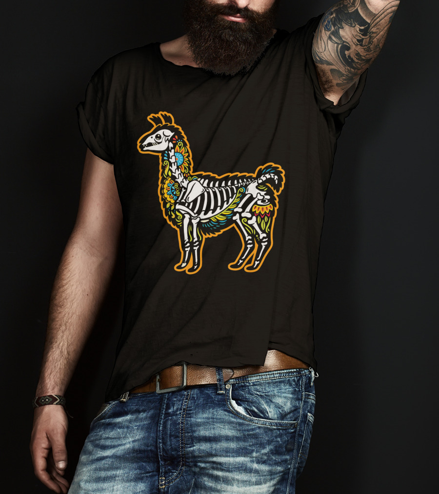 Colorful Dia De Los Muertos Llama Skeleton T-Shirt