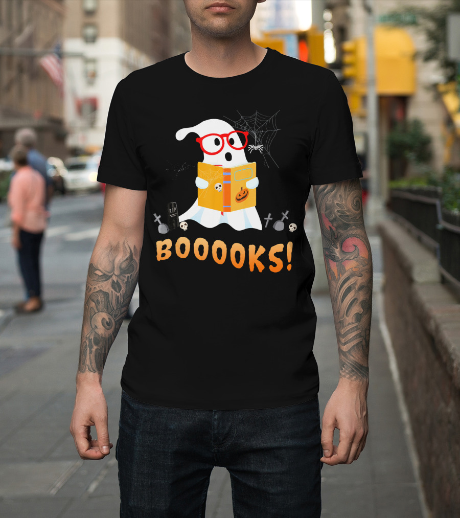 BOOOOKS Funny Teacher Halloween Ghost Reads With Spider Webs T-Shirt