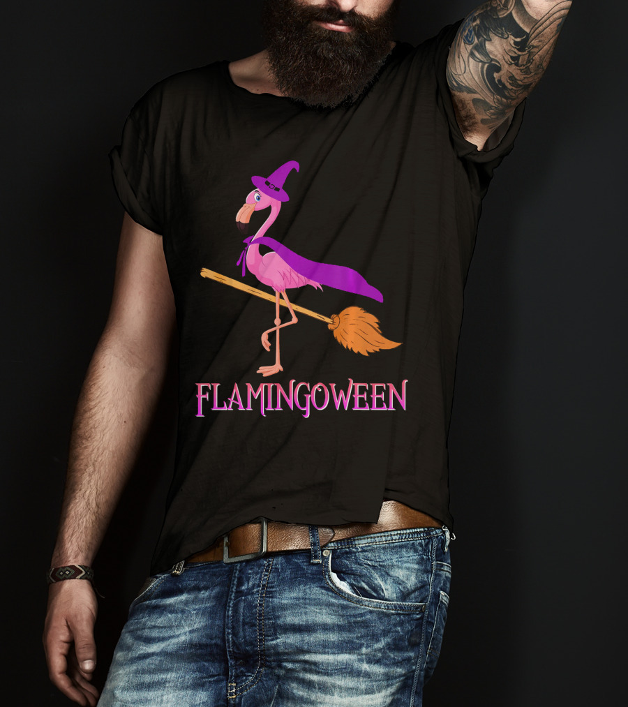 Flamingoween Witch Flamingo Riding Broomstick T-Shirt