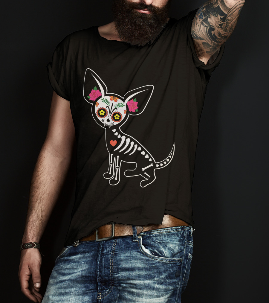 Day Of The Dead Chihuahua Skeleton Skull Flowers T-Shirt